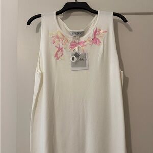 Kasper Cream Tank Top with Pink & Yellow Floral Embroidery